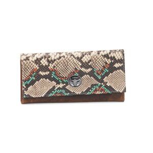 AMERICAN BISON Brown Leather Snake Print Flap Over Wallet